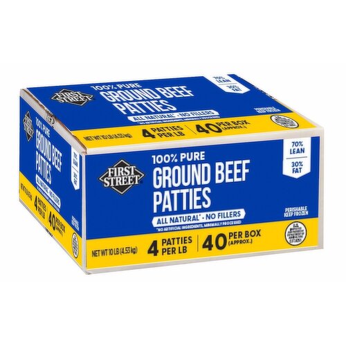 First Street Ground Beef Patties, 100% Pure, 70%/30%