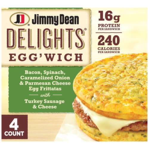 Jimmy Dean Egg’wich Breakfast Sandwiches with Bacon, Spinach, Caramelized Onions, and Parmesan Egg Frittatas with Turkey Sausage and Cheese, Breadless, Frozen