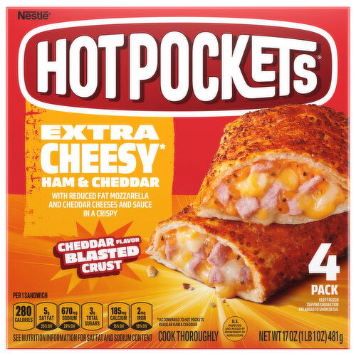Hot Pockets Sandwich, Cheddar Flavor Blasted Crust, Ham & Cheddar, Extra Cheesy, 4 Pack