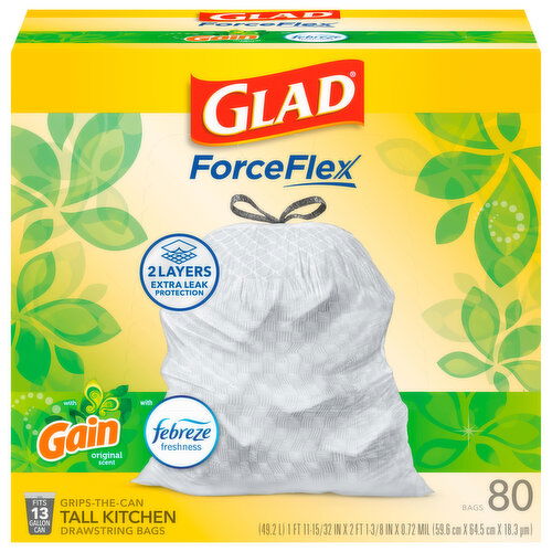 Glad Bags, Drawstring, Kitchen, Gain Original Scent with Febreze Freshness, 13 Gallon, Tall