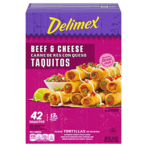 Delimex Taquitos, Beef & Cheese, Flour Tortillas, Mexican Street Style