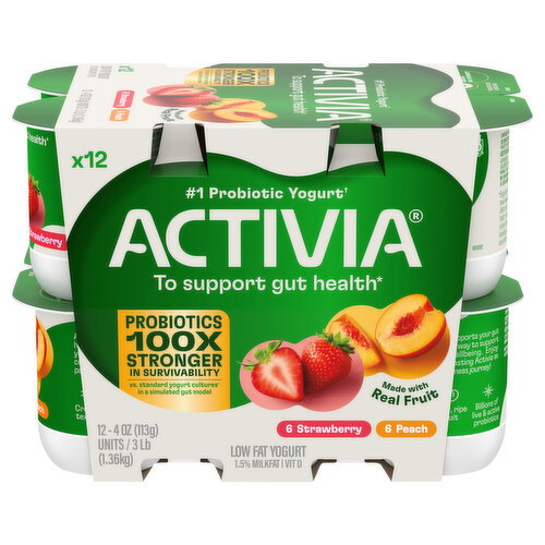 Activia Peach & Strawberry Probiotic Low Fat Yogurt Image 1 of 11