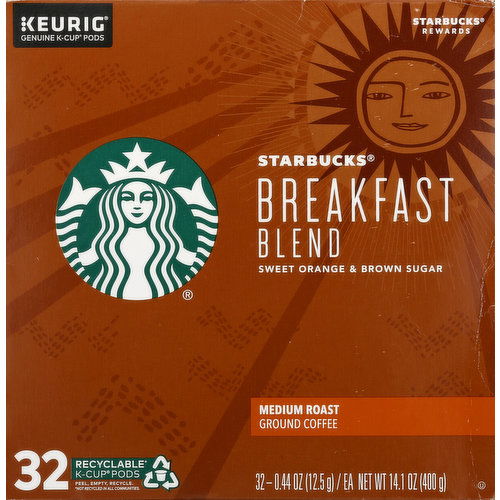 Starbucks Coffee, Ground, Medium Roast, Breakfast Blend, K-Cup Pods