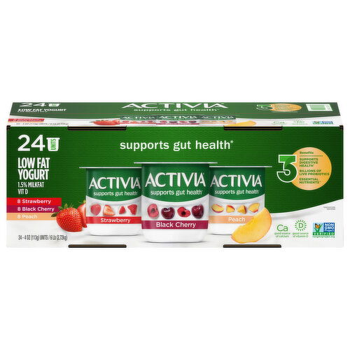 Activia Yogurt, Low Fat, Strawberry/Black Cherry/Peach