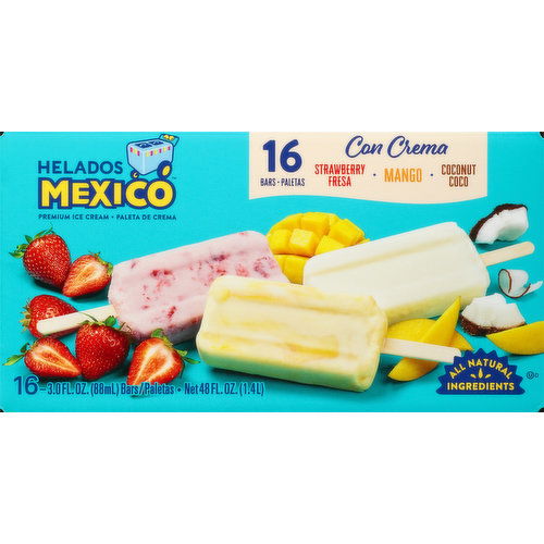 Helados Mexico Ice Cream Bars, Premium, Strawberry/Mango/Coconut