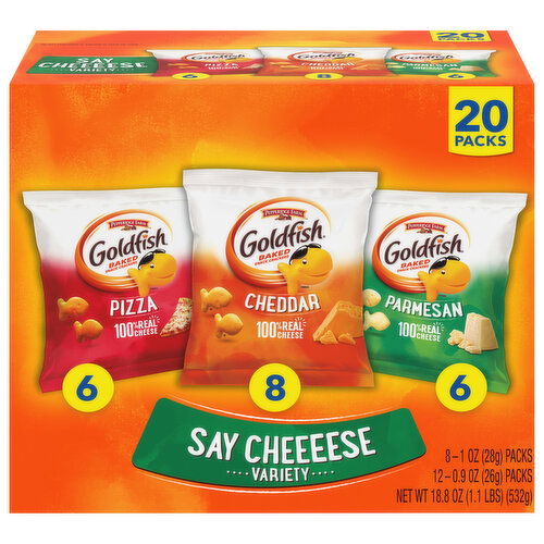 Goldfish Snack Crackers, Baked, Say Cheeeese Variety, Assorted, 20 Packs