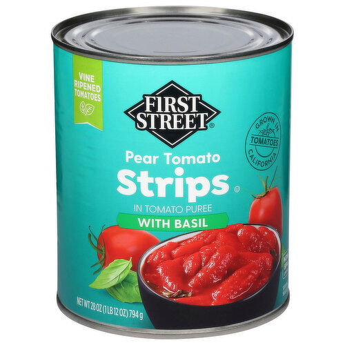 First Street Pear Tomato Strips in Tomato Puree with Basil