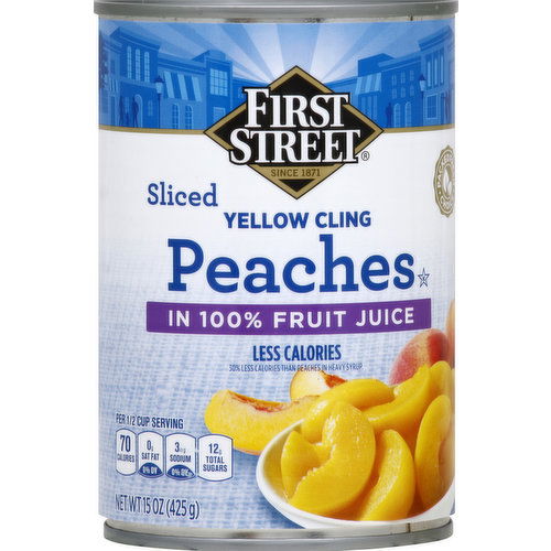 First Street Peaches, Yellow Cling, in 100% Fruit Juice, Less Calories, Sliced