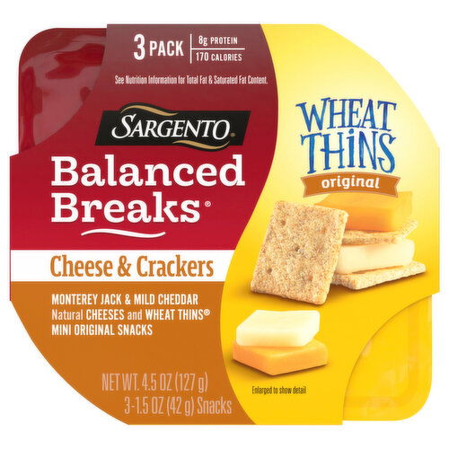 Sargento Balanced Breaks, Cheese & Crackers, Monterey Jack & Mild Cheddar Cheeses/Wheat Thins Mini Original Snacks, 3 Pack