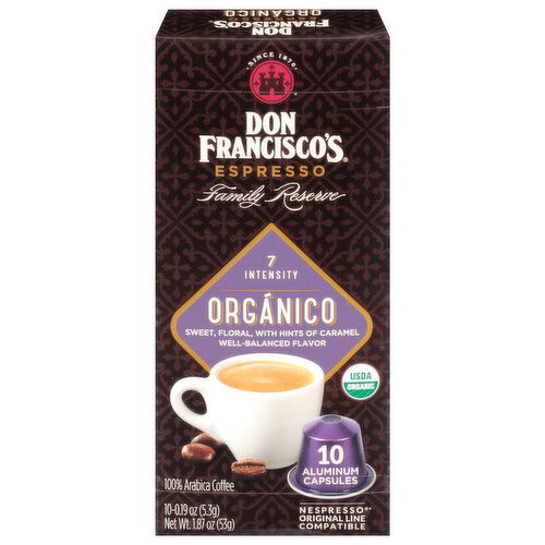 Don Francisco's Coffee, 100% Arabica, Espresso, Organico, Aluminum Capsules