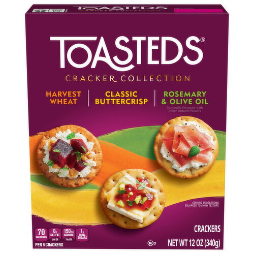 Toasteds Harvest Wheat/Classic Buttercrisp/Rosemary & Olive Oil Cracker Collection Image 1 of 6