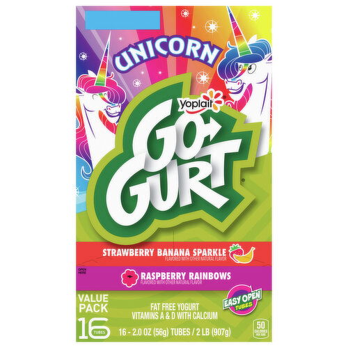 Go-Gurt Yogurt, Fat Free, Raspberry Rainbows/Strawberry Banana Sparkle, Unicorn, Value Pack