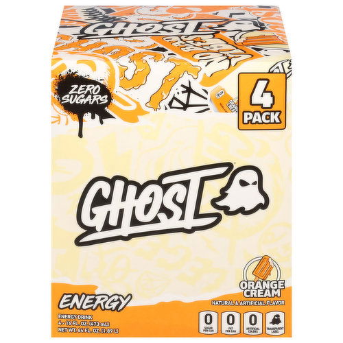 Ghost Energy Drink, Zero Sugars, Orange Cream, 4 Pack