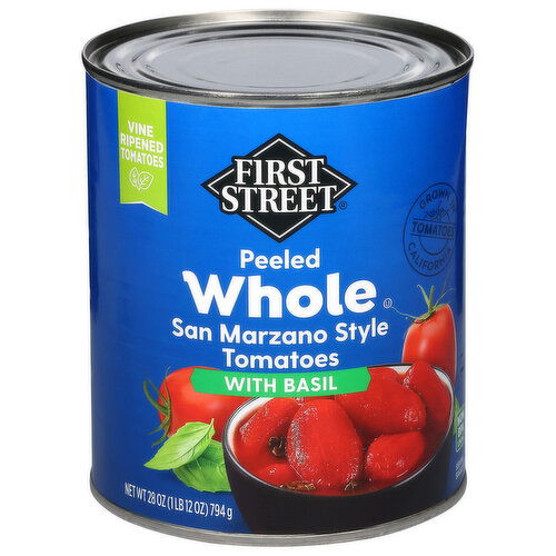First Street Peeled Whole San Marzano Style with Basil Tomatoes