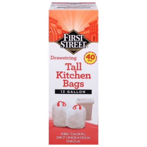 First Street Tall Kitchen Bags, Drawstring, 13 Gallon