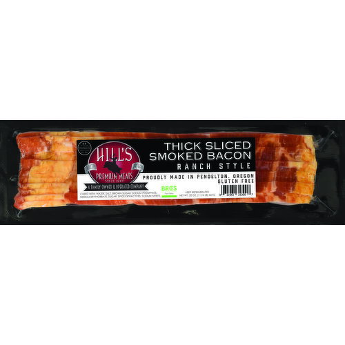 HILL'S PREMIUM MEATS Hill’s Ranch Style Bacon is thick-sliced and double hardwood smoked for rich, authentic flavor. Made with all-natural pork and a signature spice blend, it delivers a savory, slightly sweet taste with less shrink and perfect crisp. 20 oz stack pack.