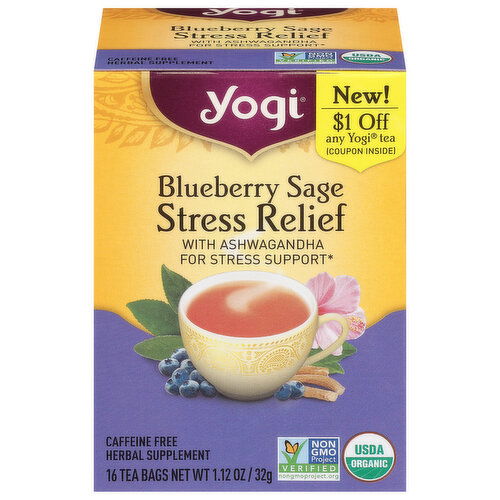 Yogi Stress Relief, Blueberry Sage, Caffeine Free, Tea Bags