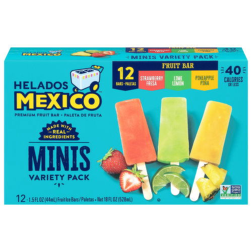 Helados Mexico Fruit Ice Bars, Premium, Strawberry/Lime/Pineapple, Minis, Variety Pack