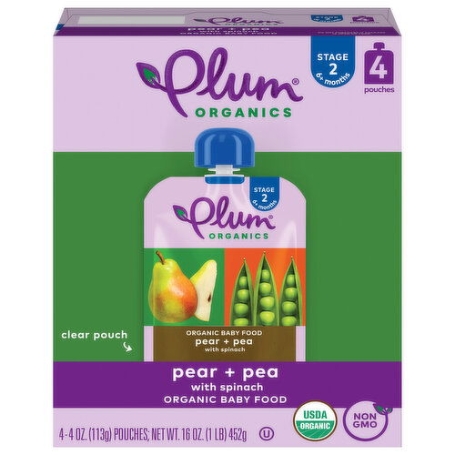 Plum Organics Stage 2 Organic Baby Food Pear + Pea with Spinach