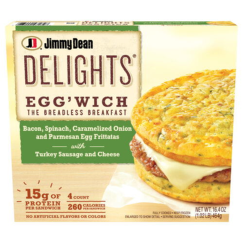 Jimmy Dean Bacon Spinach Caramelized Onion and Parmesan Egg Frittatas with Turkey Sausage and Cheese Egg'wich