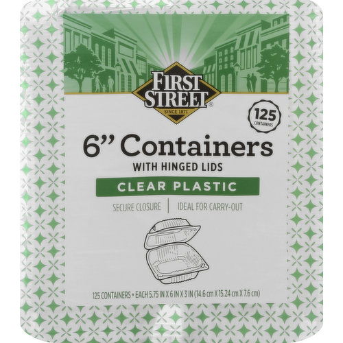 First Street Containers with Hinged Lids, Clear Plastic, 6 Inch