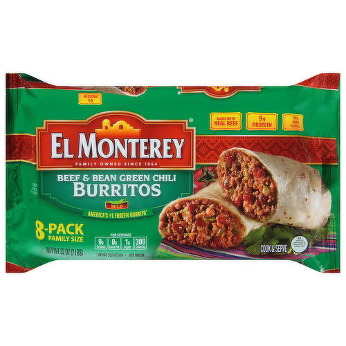 El Monterey Burritos, Beef & Bean Green Chili, Mild, 8-Pack. Family Size