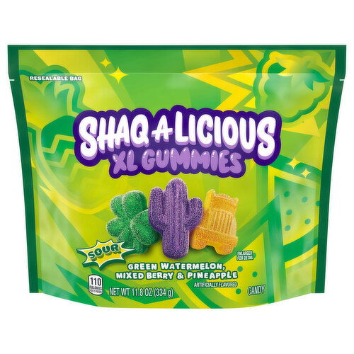 Shaq-A-Licious Sour Green Watermelon, Mixed Berry & Pineapple XL Gummies Candy