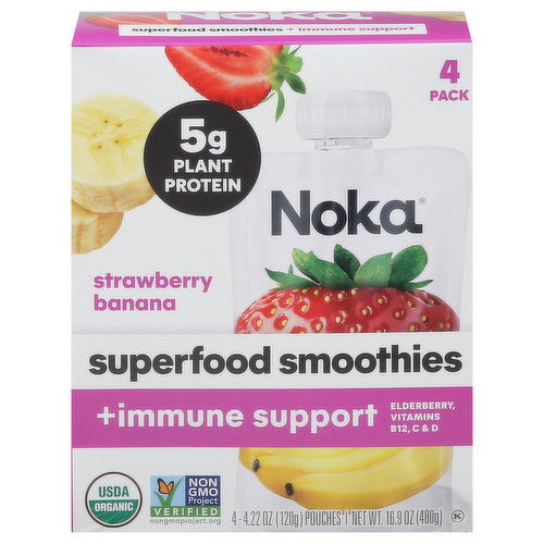 Noka Superfood Smoothie, +Immune Support, Strawberry Banana, 4 Pack