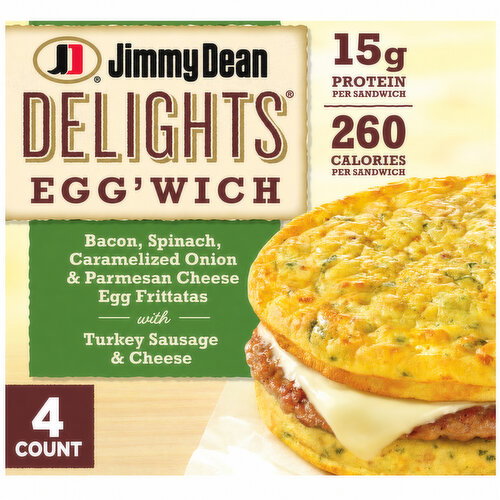 Jimmy Dean Delights Egg’wich Breakfast Sandwiches with Bacon, Spinach, Caramelized Onions, and Parmesan Egg Frittatas with Turkey Sausage and Cheese, Breadless, Frozen Image 1 of 4