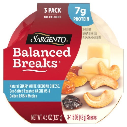 Sargento Sharp White Cheddar Cheese/Cashews & Golden Raisin Medley 3 Pack Balanced Breaks Image 1 of 6