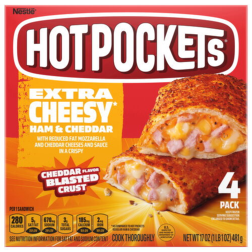 Hot Pockets Cheddar Flavor Blasted Crust Extra Cheesy Ham & Cheddar Sandwiches Image 1 of 6