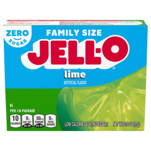 Jell-O Gelatin Dessert, Low Calorie, Zero Sugar, Lime, Family Size