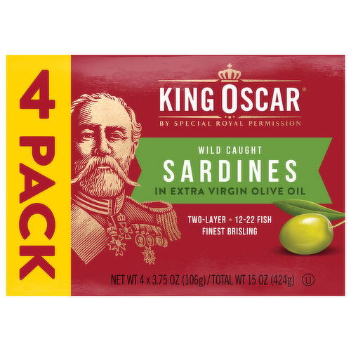 King Oscar Sardines, in Extra Virgin Olive Oil, Wild Caught, 4 Pack