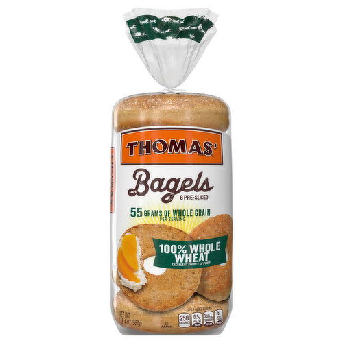 Thomas' Bagels, 100% Whole Wheat, Pre-Sliced