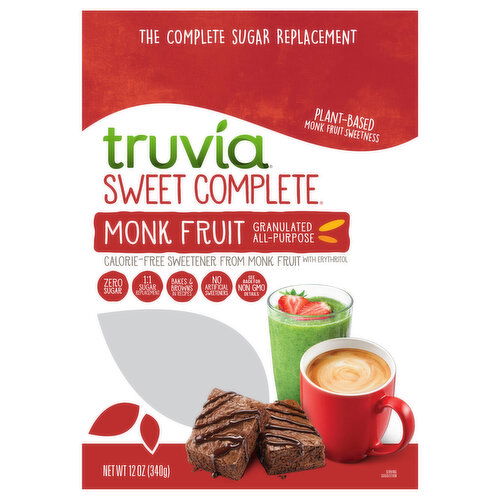 Truvia Sweetener, Calorie-Free, Monk Fruit, Granulated, All-Purpose, Plant-Based