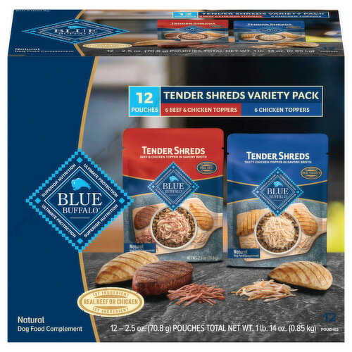 Blue Buffalo Natural Tender Shreds Beef & Chicken Topper/Chicken Topper Dog Food Complement Variety Pack Image 1 of 5