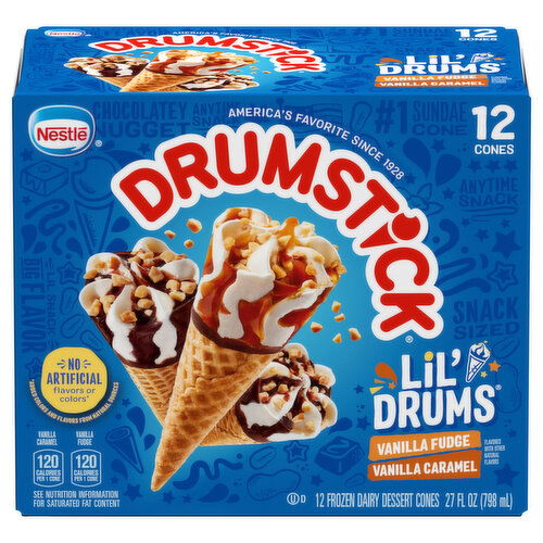 Drumstick Frozen Dairy Dessert Cones, Vanilla Fudge/Vanilla Caramel