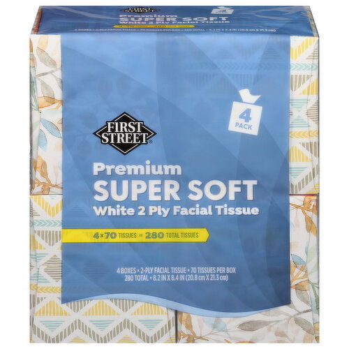 First Street Facial Tissue, Premium, Super Soft, White, 2-Ply