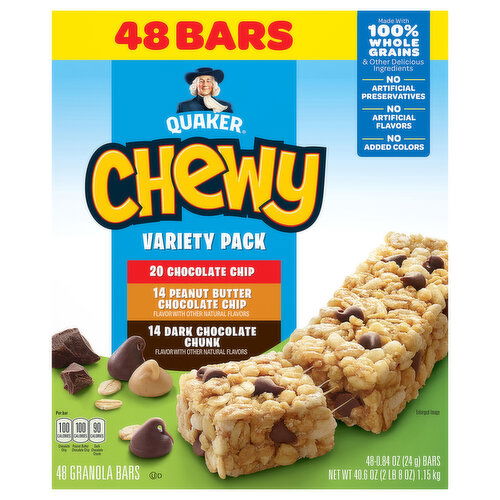 Quaker Granola Bars, Chocolate Chip/Peanut Butter Chocolate Chip/Dark Chocolate Chunk, Variety Pack, 48 Pack