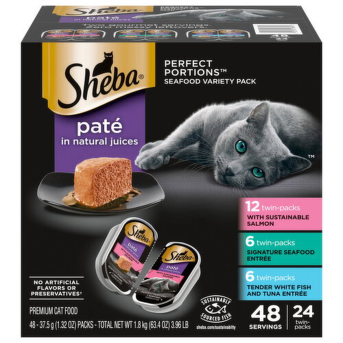 Sheba Premium Pate in Natural Juices Sustainable Salmon/Signature Seafood Entree/Tender White Fish & Tuna Entree Cat Food Seafood Variety Pack Image 1 of 5