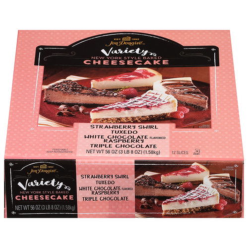 Jon Donaire Cheesecake, Strawberry Swirl Tuxedo, White Chocolate Flavored Raspberry, Triple Chocolate, Variety Pack