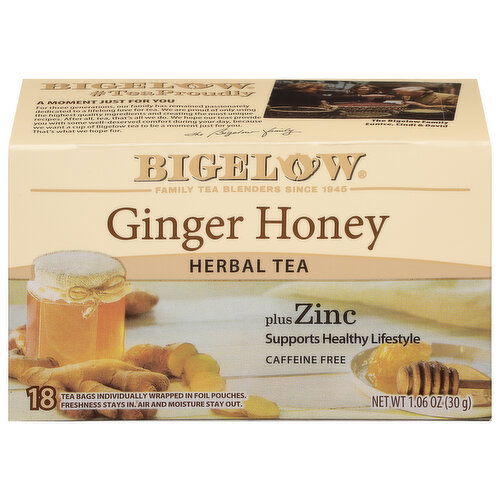 Bigelow Caffeine Free Ginger Honey Herbal Tea plus Zinc