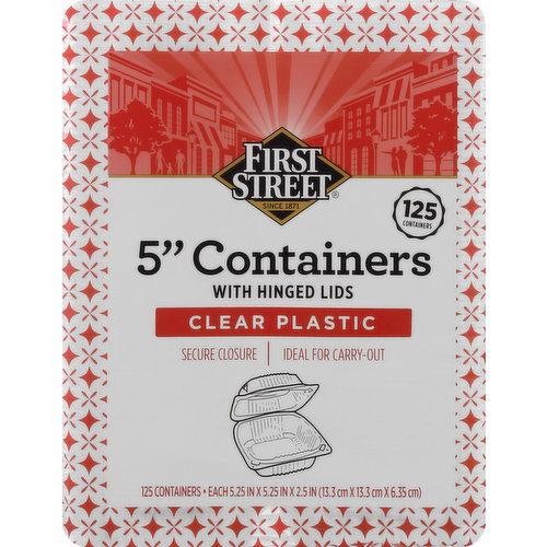 First Street Containers with Hinged Lids, Clear Plastic, 5 Inch