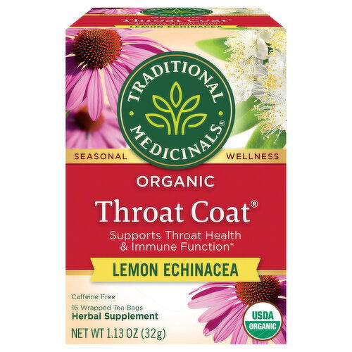 Traditional Medicinals Throat Coat, Organic, Lemon Echinacea, Caffeine Free, Tea Bags