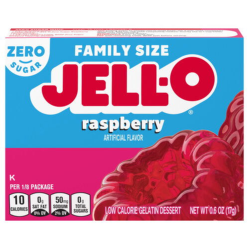 Jell-O Gelatin Dessert, Low Calorie, Zero Sugar, Raspberry, Family Size