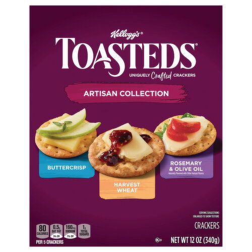 Toasteds Crackers, Buttercrisp/Harvest Wheat/Rosemary & Olive Oil, Artisan Collection