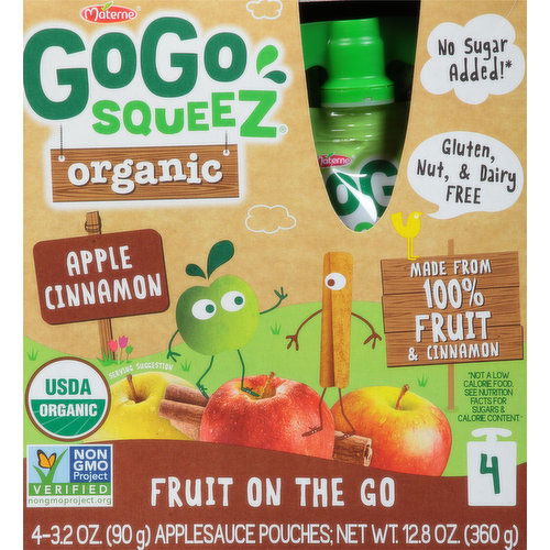 GoGo Squeez Apple Sauce, Organic, Fruit On The Go, Apple Cinnamon, 4 Pack