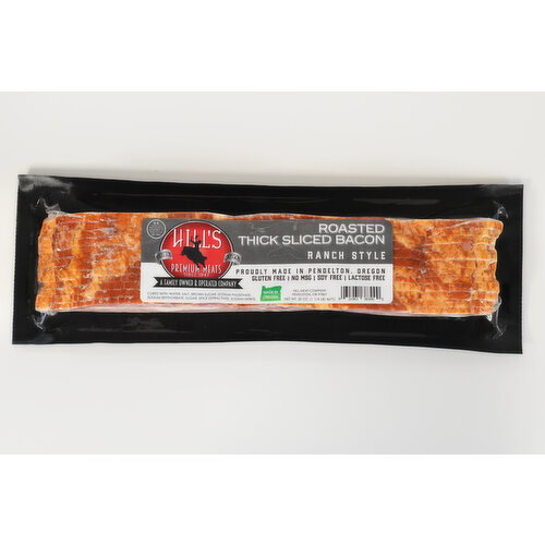 HILL'S PREMIUM MEATS Hill’s Ranch Style Bacon is thick-sliced and double hardwood smoked for rich, authentic flavor. Made with all-natural pork and a signature spice blend, it delivers a savory, slightly sweet taste with less shrink and perfect crisp. 20 oz stack pack.