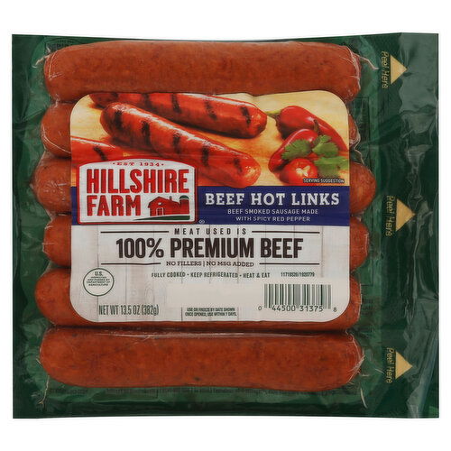 Hillshire Farm Sausage, Smoked, Beef Hot Links, 100% Premium