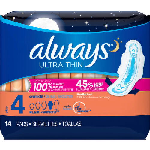Always Pads, Ultra Thin, Flexi-Wings, Overnight, Size 4